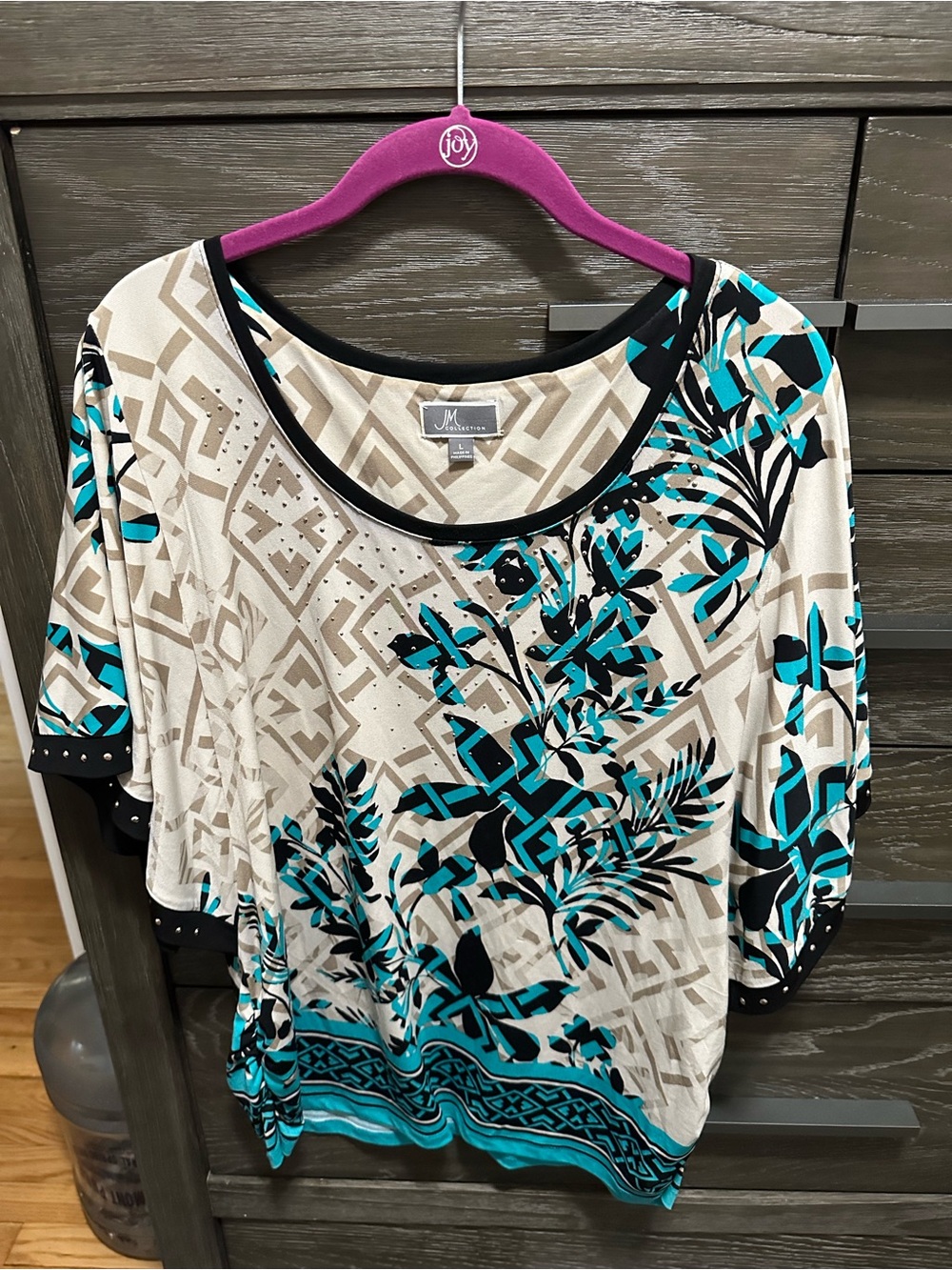 JM Collection Cream, Teal & Black Floral Geometric Scoop Neck Top